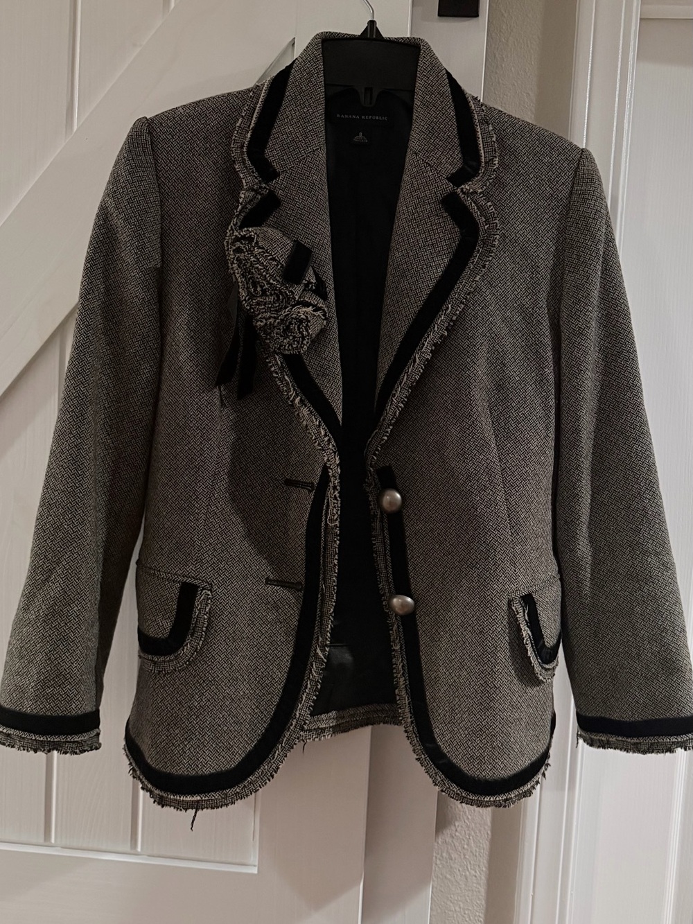 Banana Republic Gray Tweed Blazer with Black Trim and Decorative Brooch